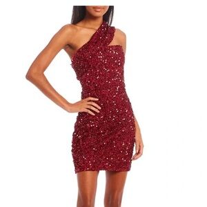 GB Social Red One Shoulder Juniors' Sequin & Sparkling Mini Dress
